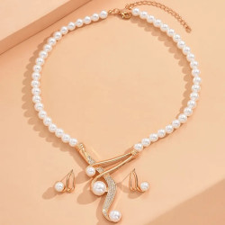 Fashion Geometric Pearl Earring Two-Piece Necklace Set for Women – Exquisite Birthday & Party Jewelry Gift