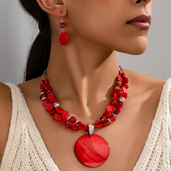 Red Round Pendant Earrings and Necklace Set for Women – Fashion Trend Jewelry Accessories