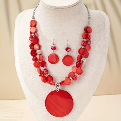 Red Round Pendant Earrings and Necklace Set for Women – Fashion Trend Jewelry Accessories