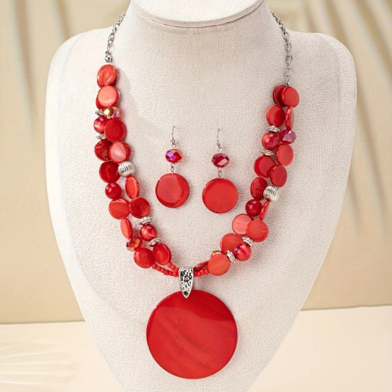 Red Round Pendant Earrings and Necklace Set for Women – Fashion Trend Jewelry Accessories
